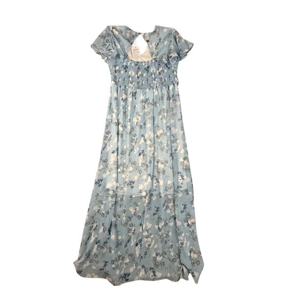 Floral Light Blue Maxi Dress With Flutter‎ Sleeves Smocked Back Tie Waist Medium - Picture 2 of 11